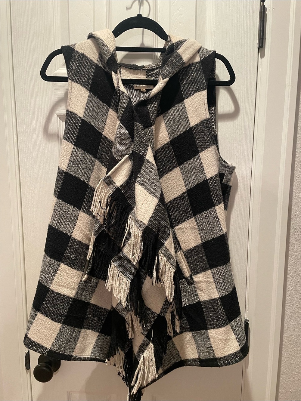 Jolt Black & Cream Plaid Hooded Fringe Vest